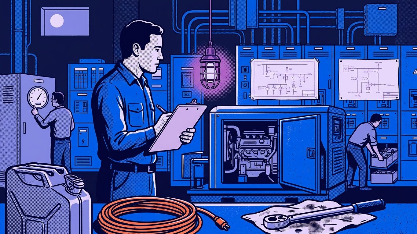 Ilustración de una sala técnica: un inspector con lista de comprobación ante un generador y cuadros eléctricos